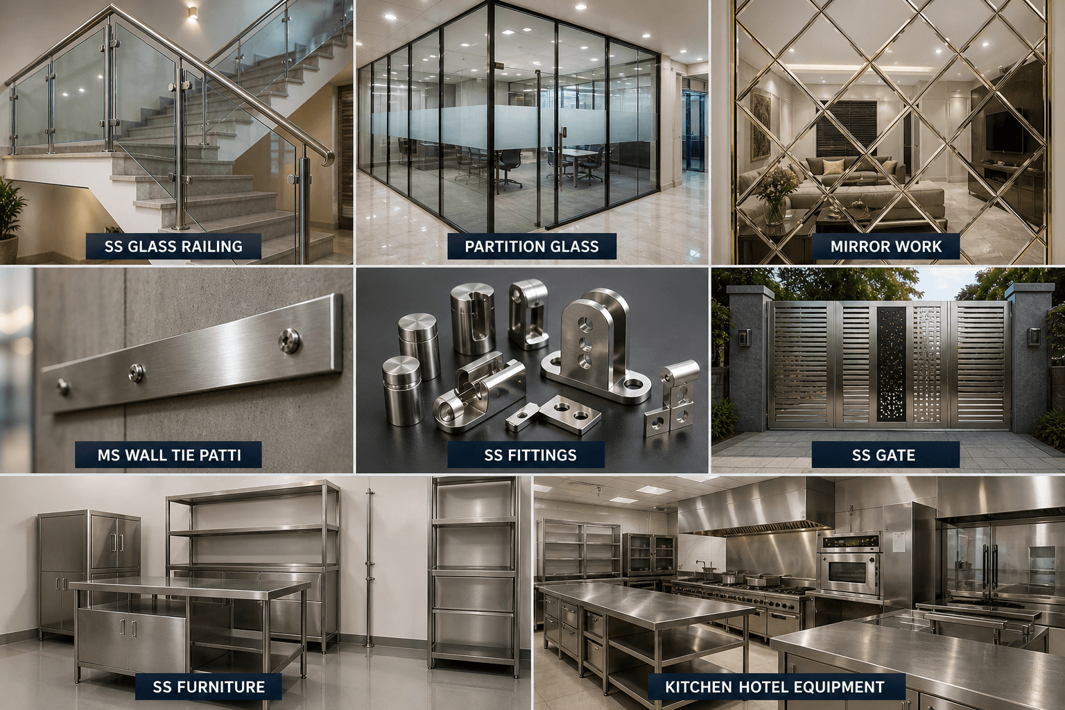 Manisha Enterprises services – SS Glass Railing, Partition Glass, Mirror Work, MS Wall Tie Patti, SS Fittings, SS Gate, SS Furniture, Kitchen Hotel Equipment